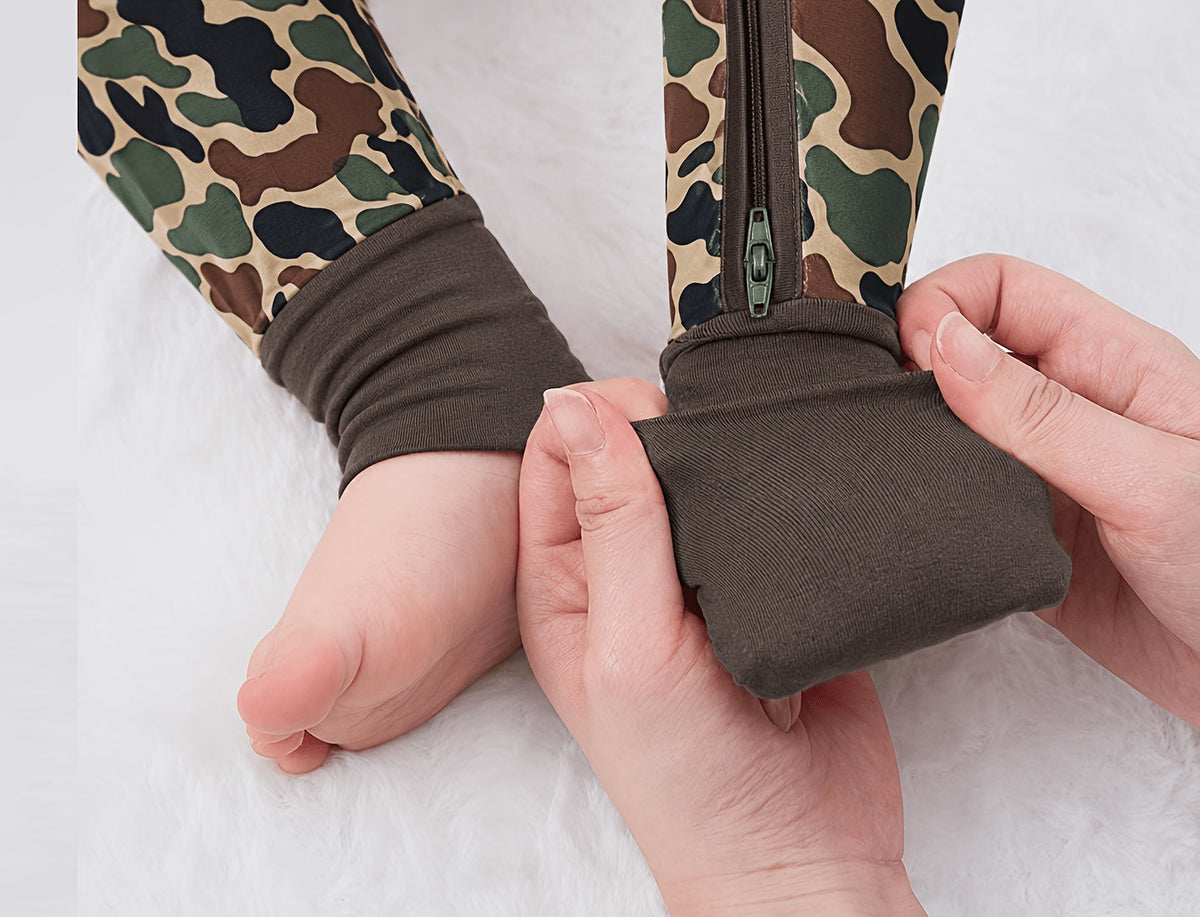Baby Camouflage Zip Romper with Fold Over Hand and Foot Cuffs in a Stretch Bamboo Fiber Blend