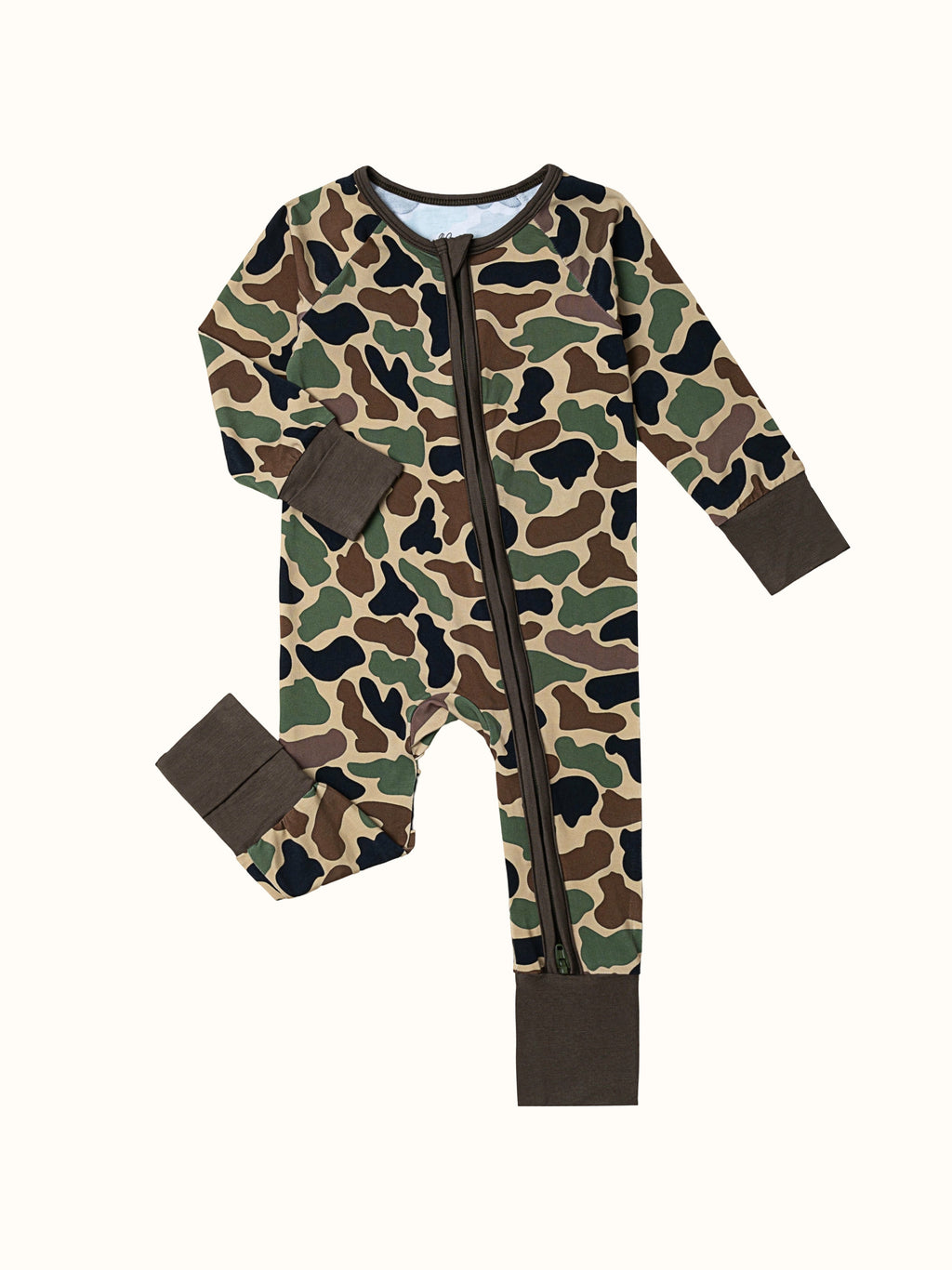 Baby Camouflage Zip Romper with Fold Over Hand and Foot Cuffs in a Stretch Bamboo Fiber Blend