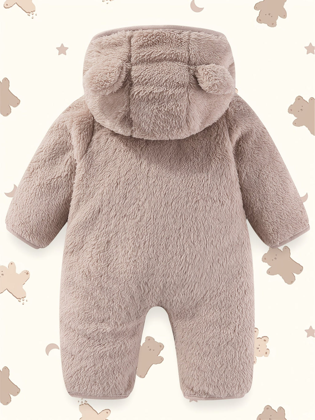 Dark Brown Baby Bear Hooded Fleece Romper with Fold-Over Cuffs and a Zip Front for Cool-Weather Outings