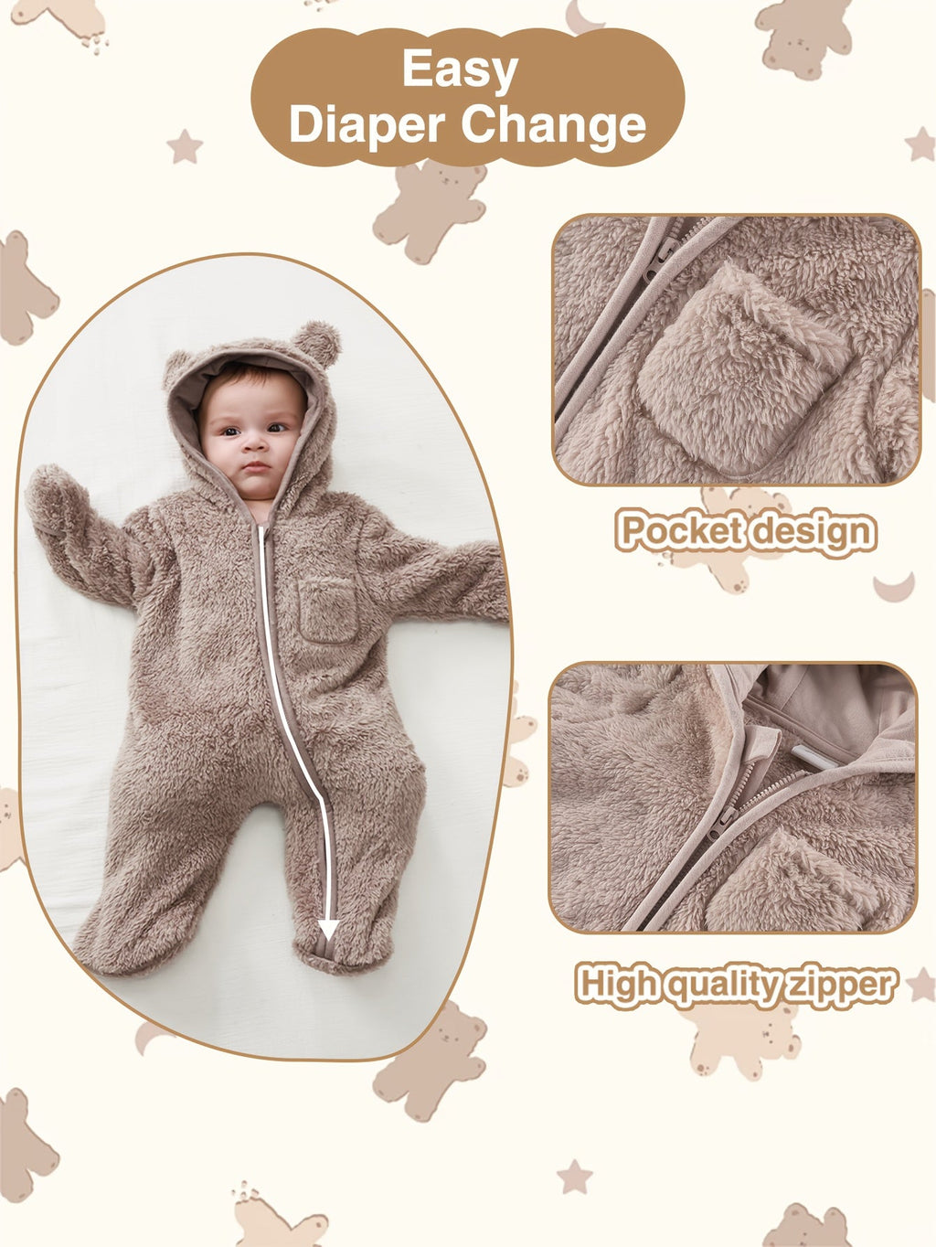 Dark Brown Baby Bear Hooded Fleece Romper with Fold-Over Cuffs and a Zip Front for Cool-Weather Outings