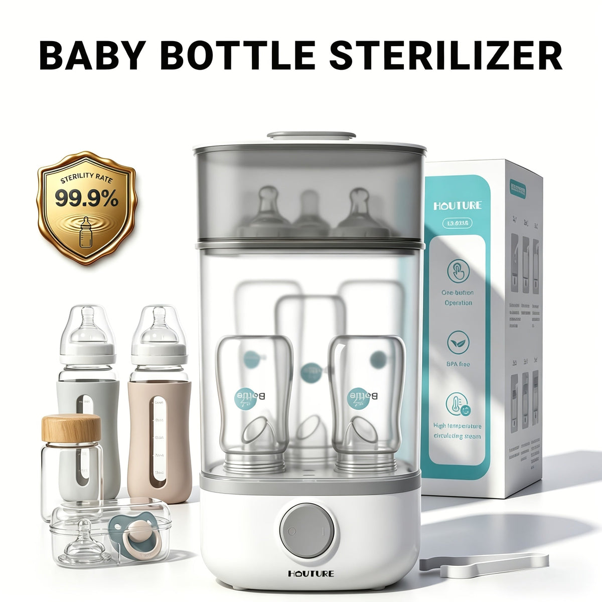 Electric Steam Bottle Sterilizer with Stackable Chambers and One Button Control for Feeding Accessories