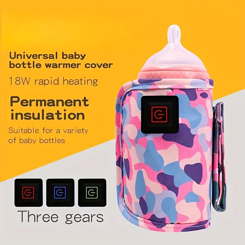 USB Portable Bottle Warmer Sleeve with Three Heat Settings and Cartoon Cat Prints for Feeding Routines