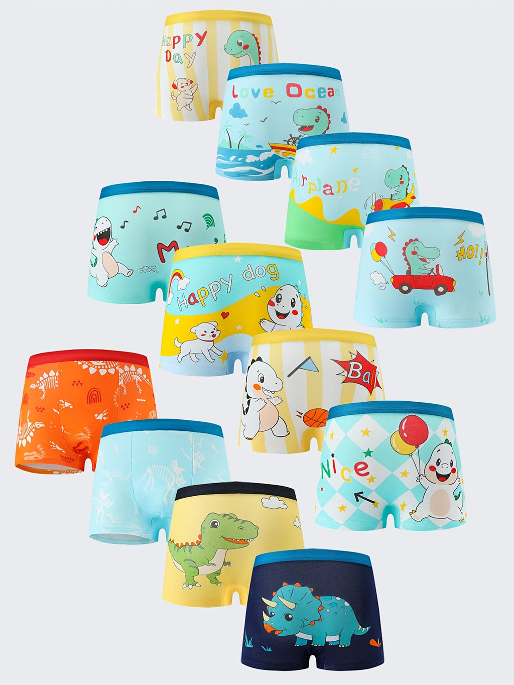 Boys' Boxer Briefs Twelve-Pack with Dinosaur and Cartoon Prints and Contrast Waistbands for Daily Changes