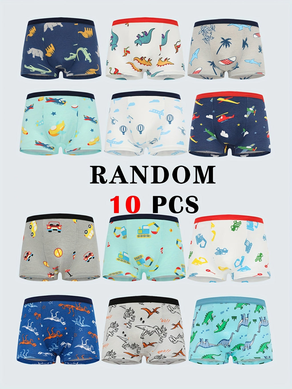 Boys' Cartoon Boxer Briefs 10-Pack with Elastic Waists and Random Animal Prints for Everyday Underwear