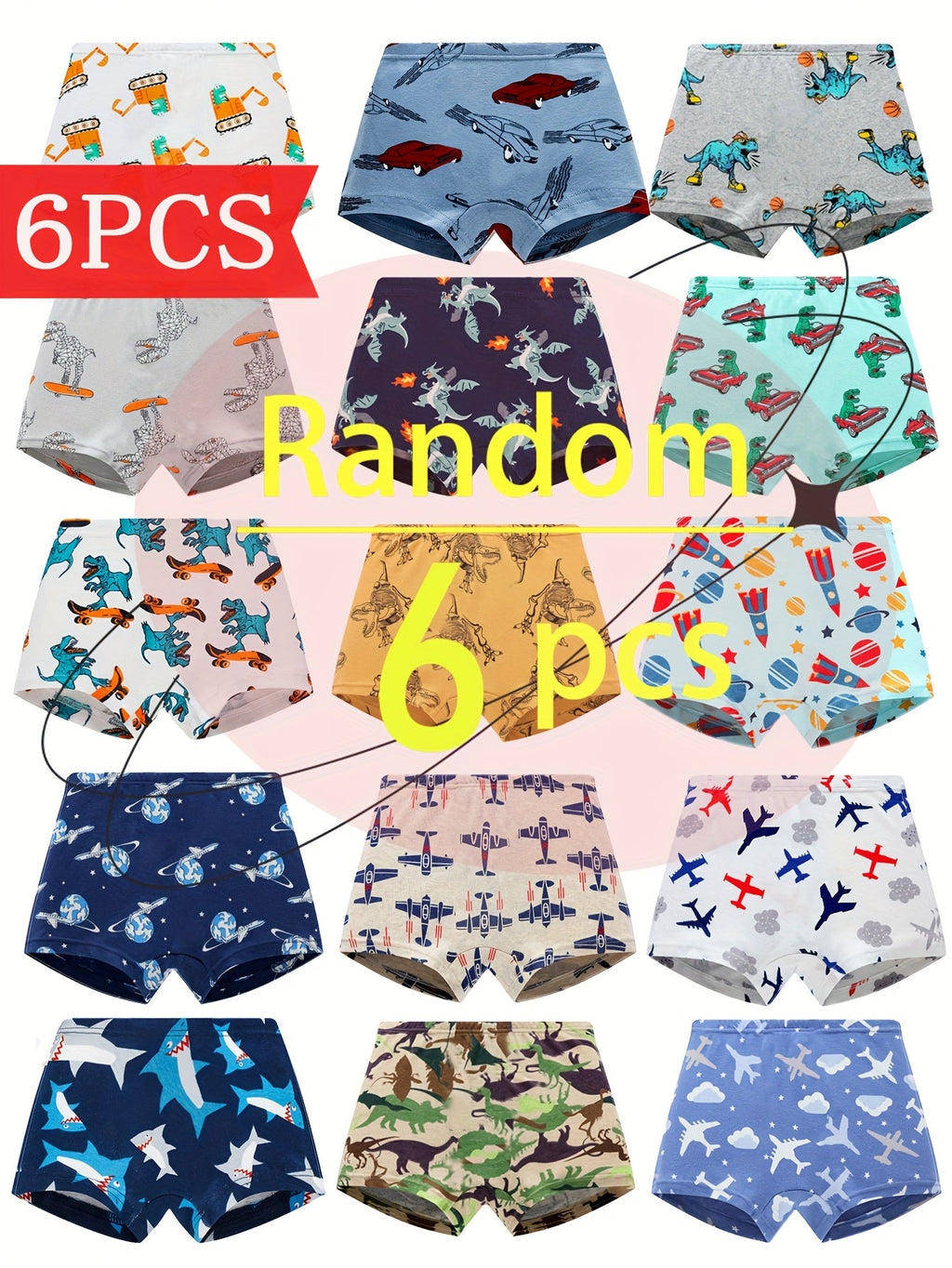 Boys' Printed Boxer Briefs 6-Pack in Random Animal and Vehicle Designs for Everyday Underwear Changes