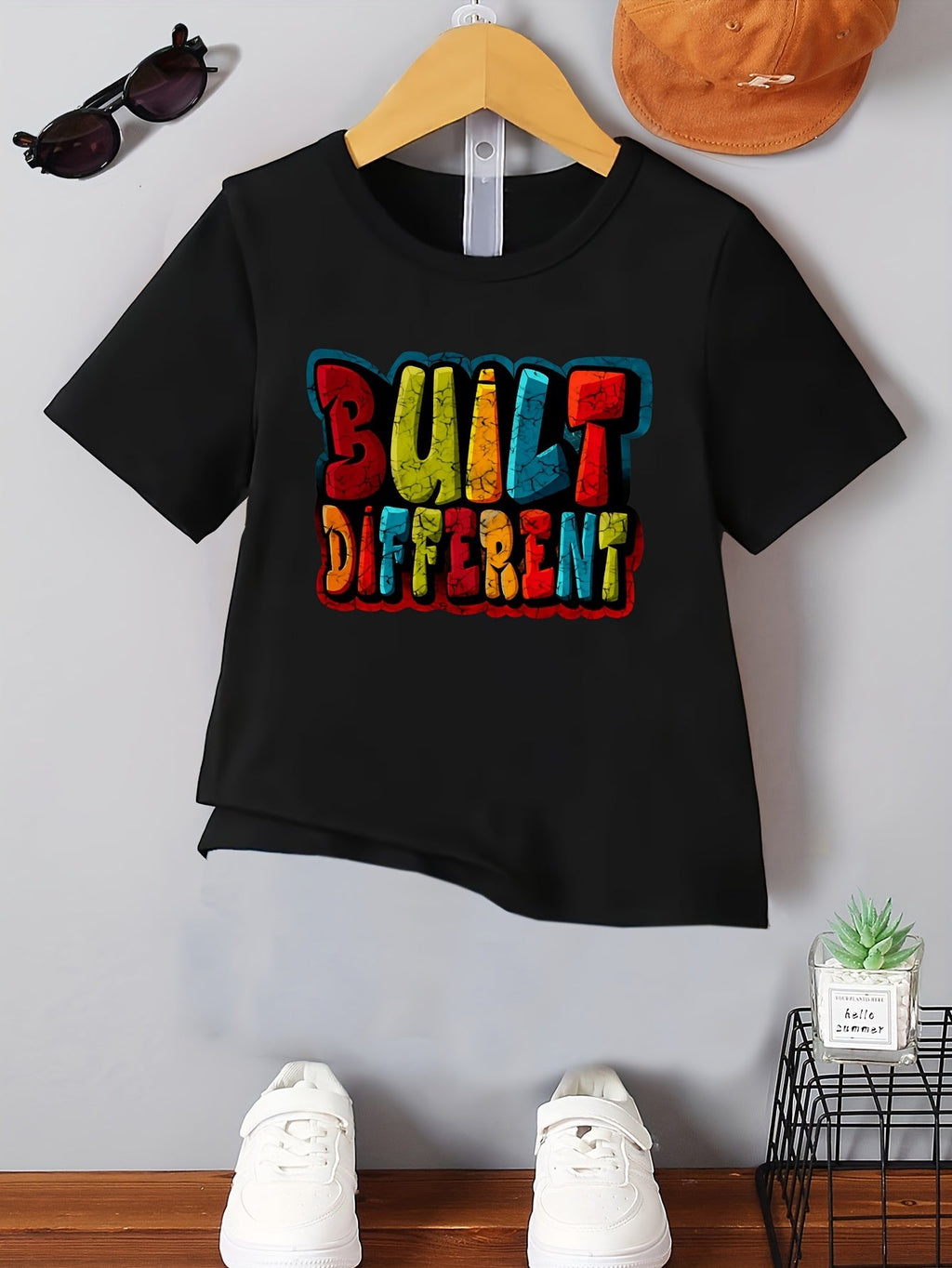 Boys' Built Different Cotton T-Shirt with Colorful Block Lettering and Short Sleeves for Summer