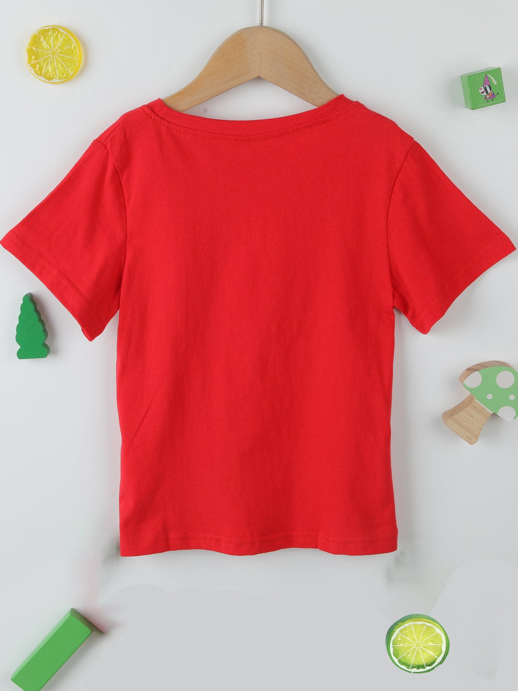 Boys' Wheels on the Bus Cotton T-Shirt in Red with Yellow School Bus Graphic for Everyday Summer Wear
