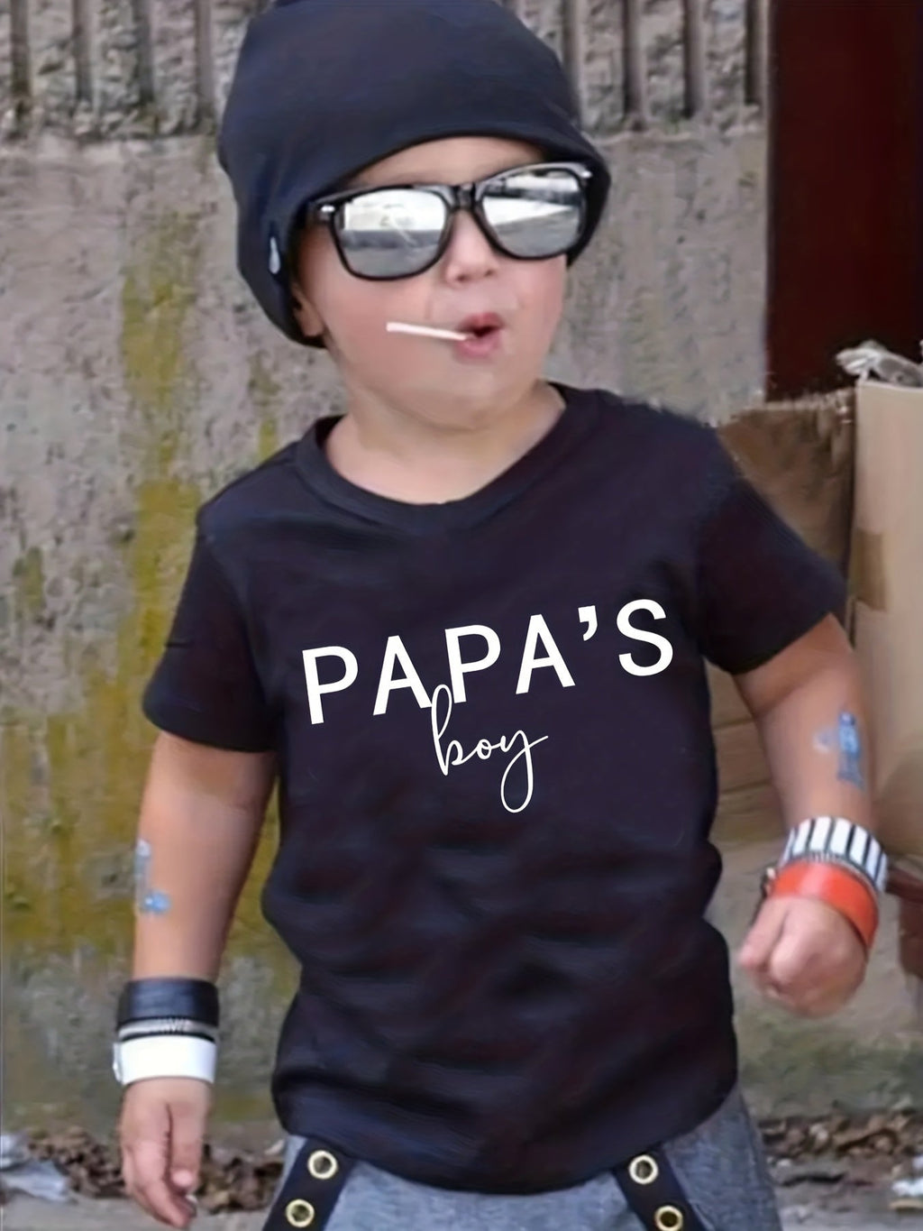 Boys' Papa's Boy Cotton T-Shirt in Black with White Script Lettering and Short Sleeves for Casual Family Outfits