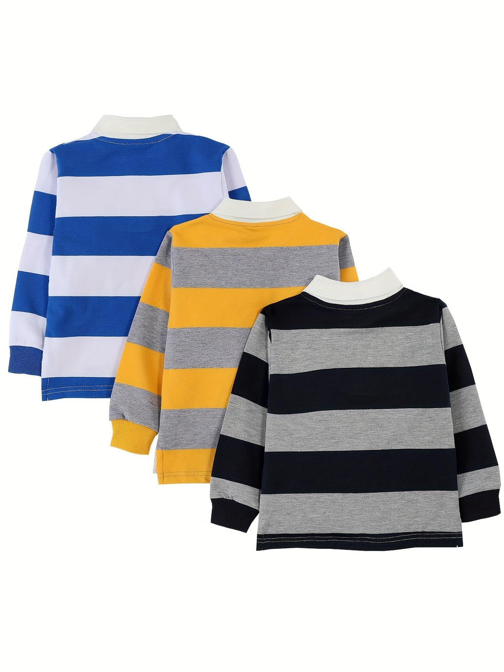 Boys' Striped Long Sleeve Polo Shirts Three Pack with Contrast Collars for Everyday Casual Dressing