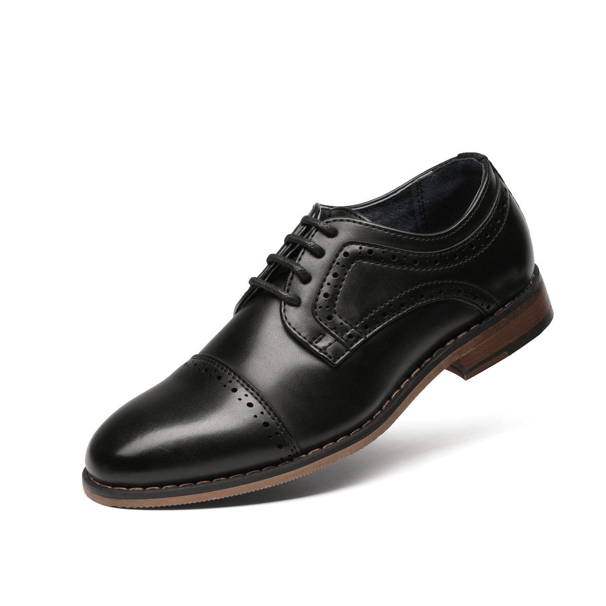 Boys' Dress Shoes with Cap Toe Brogue Details and Lace-Up Fronts in Black, Brown or Dark Brown