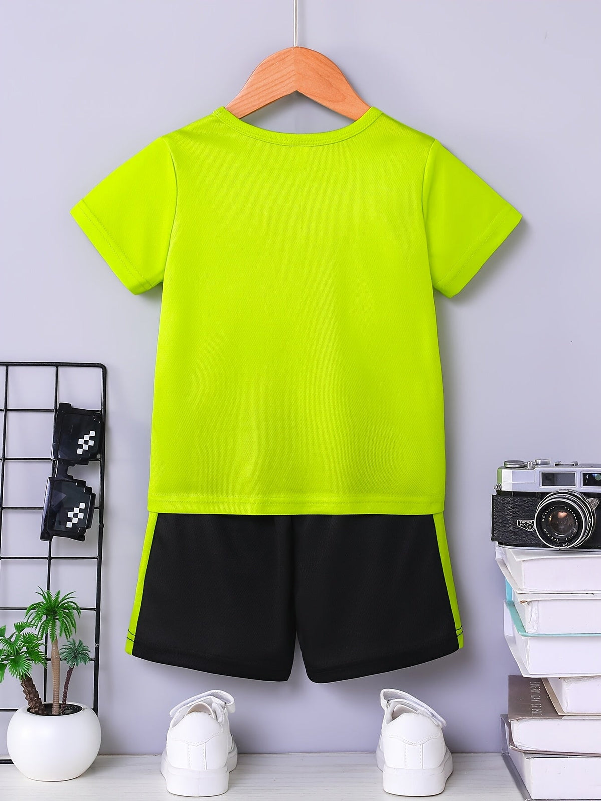 Boys' Shorts Set with a Bright SPORT Graphic T-Shirt and Contrast Stripe Shorts for Summer Activities