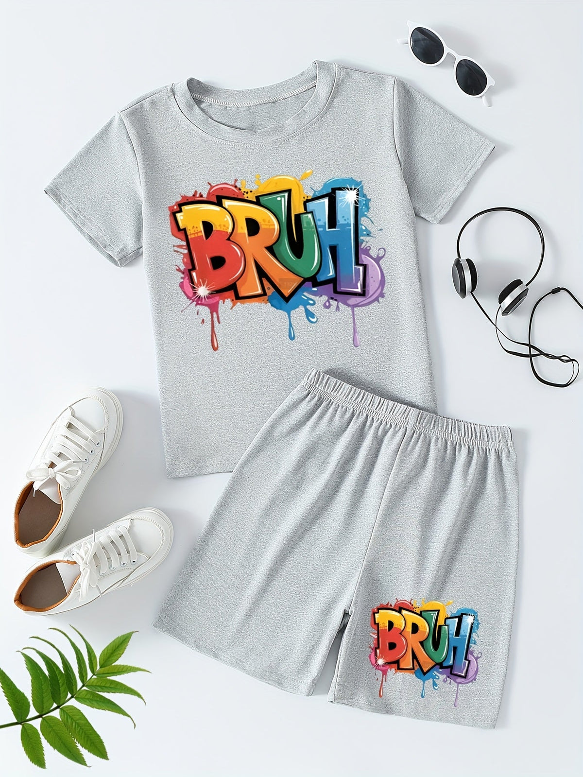 Boys' Black T-Shirt and Shorts Set with Colorful BRUH Graffiti Lettering for Casual Summer Outfits