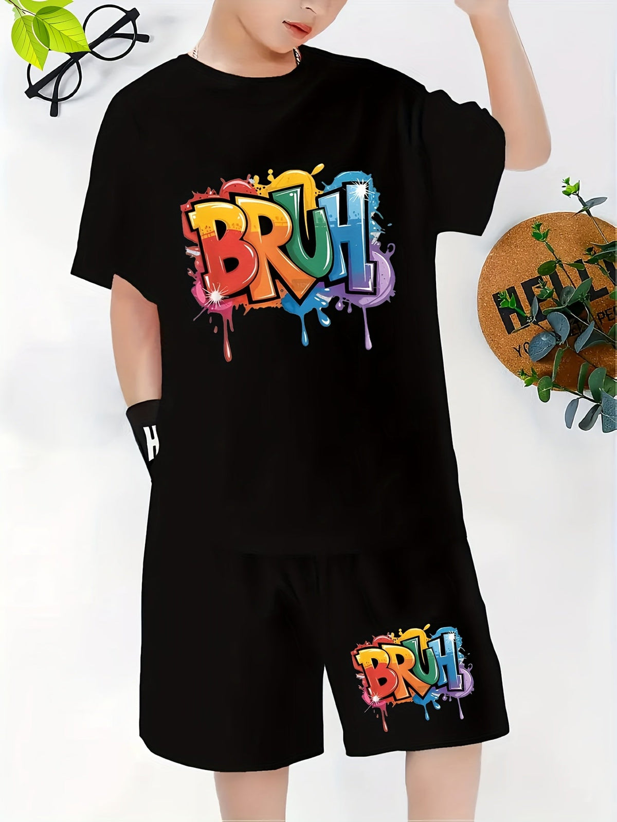 Boys' Black T-Shirt and Shorts Set with Colorful BRUH Graffiti Lettering for Casual Summer Outfits