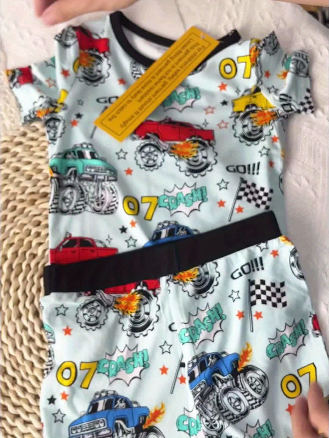 Boys' Monster Truck Pajama Set in Powder Blue with Short Sleeves and Matching Shorts for Bedtime Wear