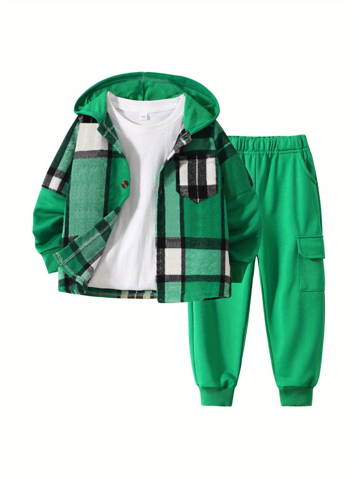 Boys' Plaid Hooded Outfit Set with a Color Block Jacket and Cargo Jogger Pants for Cool Weather Wear