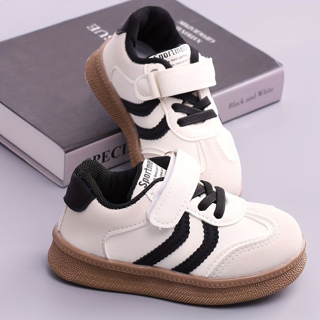 Toddler Striped Sneakers with Hook-and-Loop Top Straps and Tan Soles for Everyday Casual Outfits