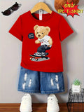 Boys' Skateboarding Bear T-Shirt in Red with a Cartoon Front Graphic and Short Sleeves for Summer