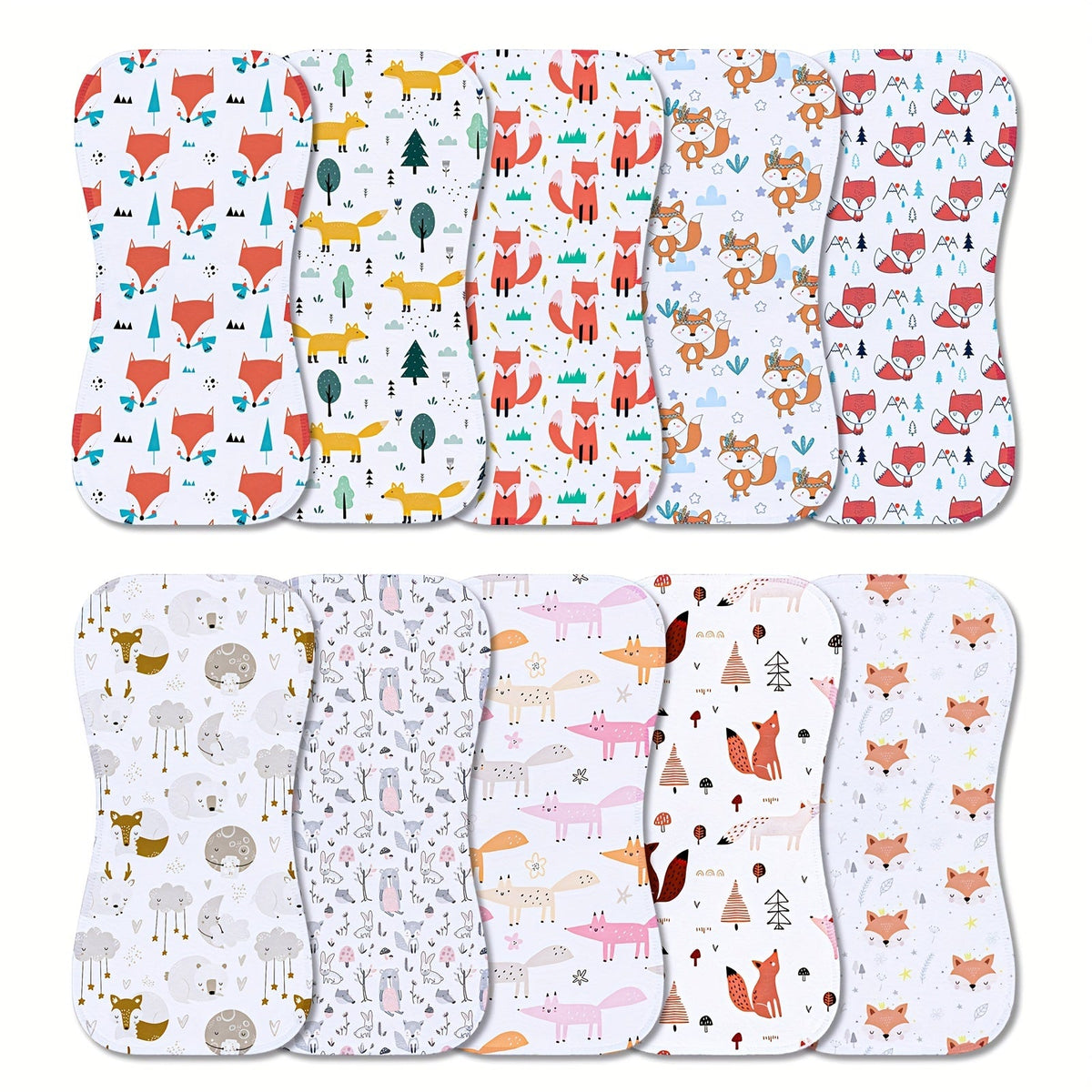 Baby Burp Cloths 10-Pack in Mixed Floral and Animal Prints with Curved Edges for Everyday Shoulder Coverage