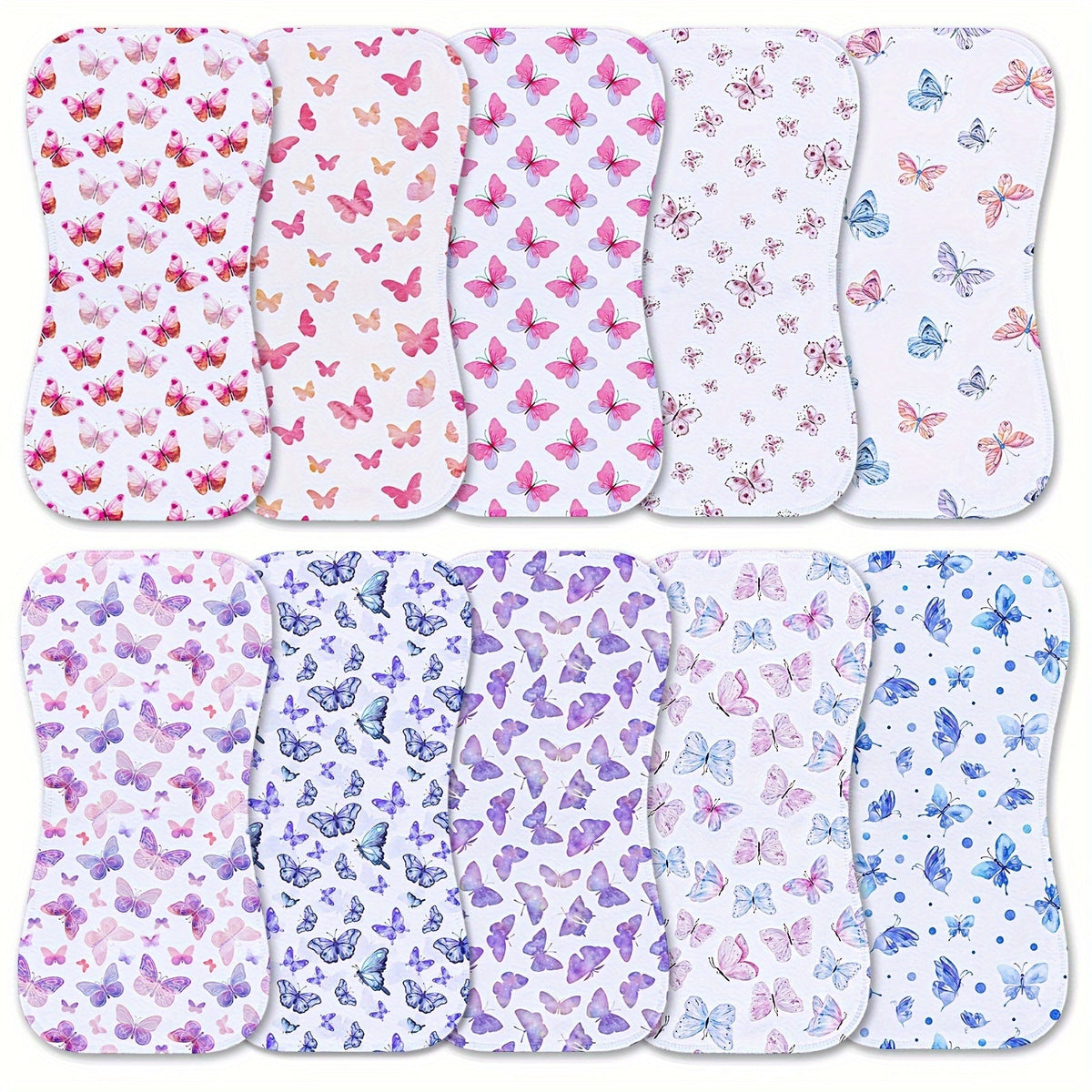 Burp Cloth Ten-Pack with Curved Shoulder-Friendly Shapes in Coordinated Prints for Everyday Feeding Care