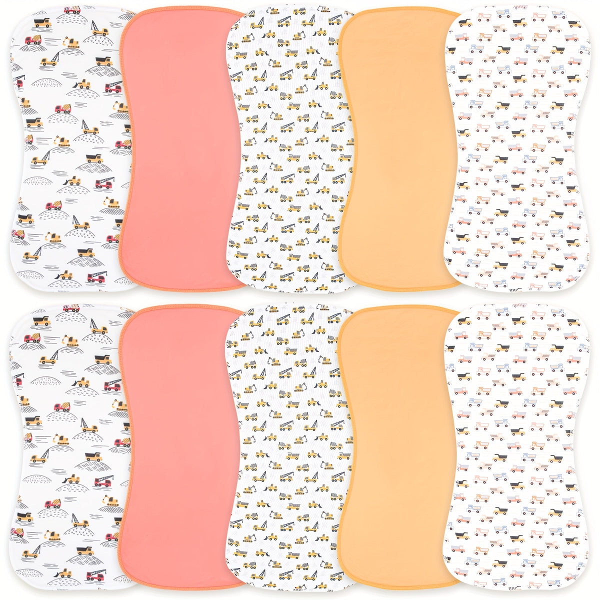 Burp Cloth Ten-Pack with Curved Shoulder-Friendly Shapes in Coordinated Prints for Everyday Feeding Care