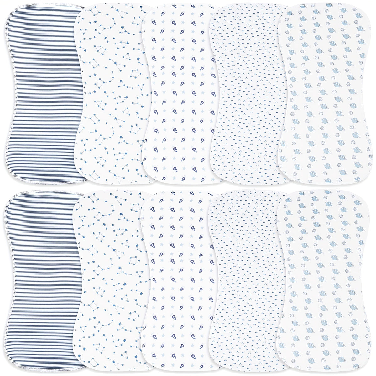 Burp Cloth Ten-Pack with Curved Shoulder-Friendly Shapes in Coordinated Prints for Everyday Feeding Care