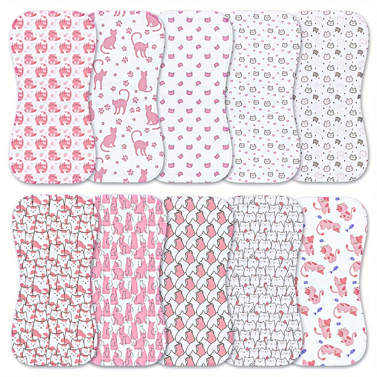 Burp Cloth Ten-Pack with Curved Shoulder-Friendly Shapes in Coordinated Prints for Everyday Feeding Care