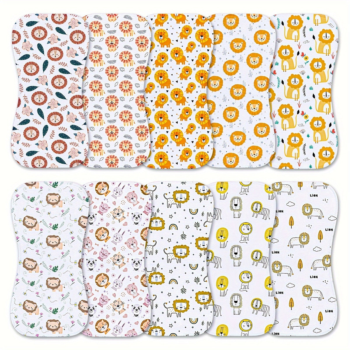 Burp Cloth Ten-Pack with Curved Shoulder-Friendly Shapes in Coordinated Prints for Everyday Feeding Care
