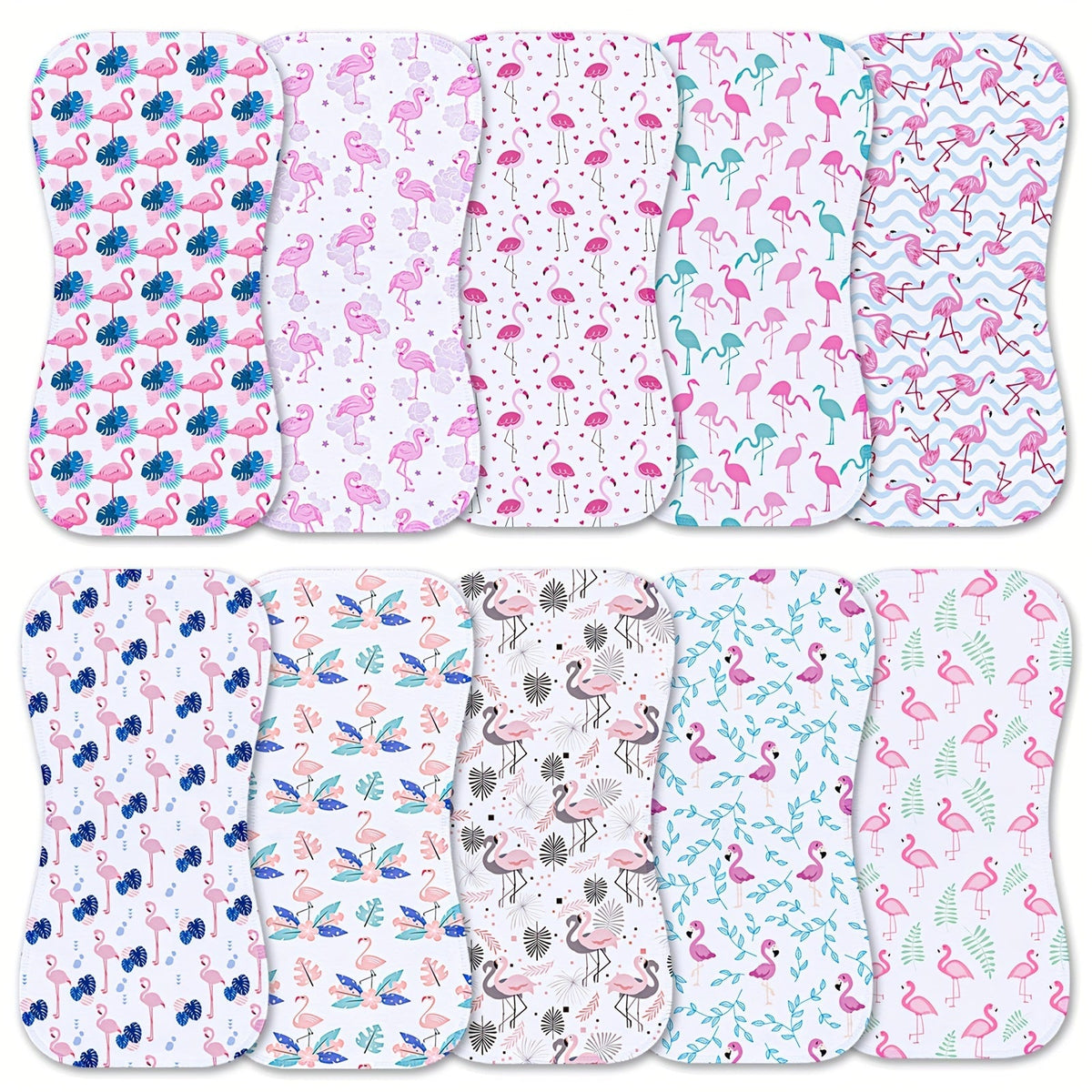 Burp Cloth Ten-Pack with Curved Shoulder-Friendly Shapes in Coordinated Prints for Everyday Feeding Care