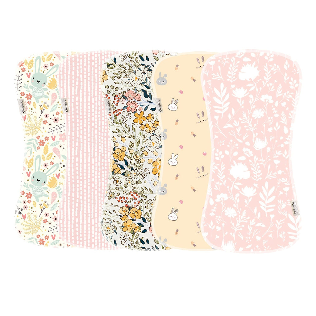 Baby Printed Burp Cloths 5-Pack with Contoured Edges and Mixed Patterns for Everyday Feeding and Shoulder Use