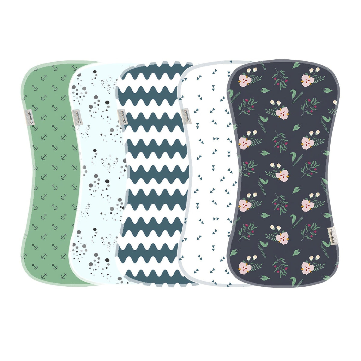 Baby Printed Burp Cloths 5-Pack with Contoured Edges and Mixed Patterns for Everyday Feeding and Shoulder Use