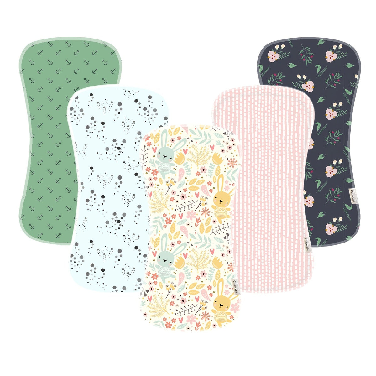 Baby Printed Burp Cloths 5-Pack with Contoured Edges and Mixed Patterns for Everyday Feeding and Shoulder Use