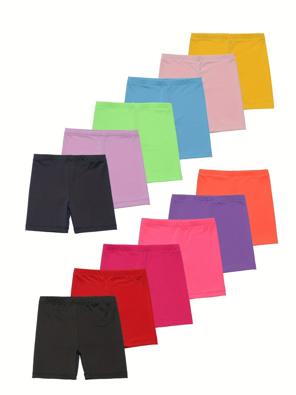 Girls' Solid Color Stretch Shorts Twelve Pack with Elastic Waists for Dance Practice and Everyday Play
