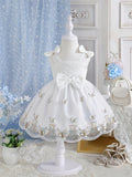 Girls' Sleeveless Party Dress with Shoulder Bows and Floral Mesh Skirt for Weddings and Celebrations