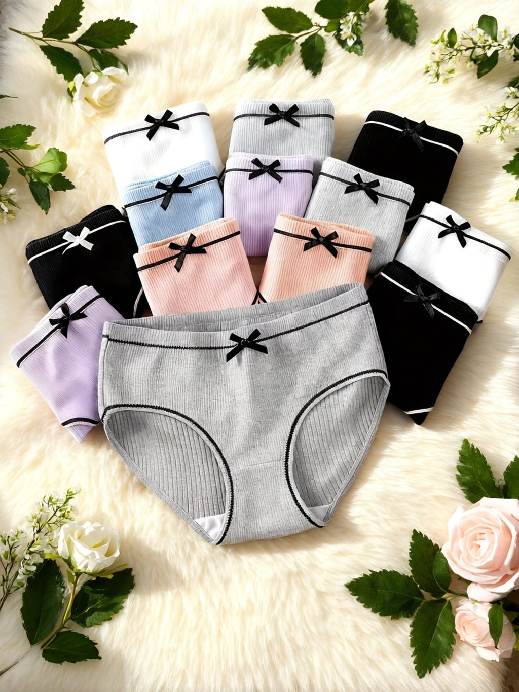 Girls' Ribbed Briefs 12-Pack with Contrast Trim and Small Waist Bows in an Assorted Color Underwear Pack