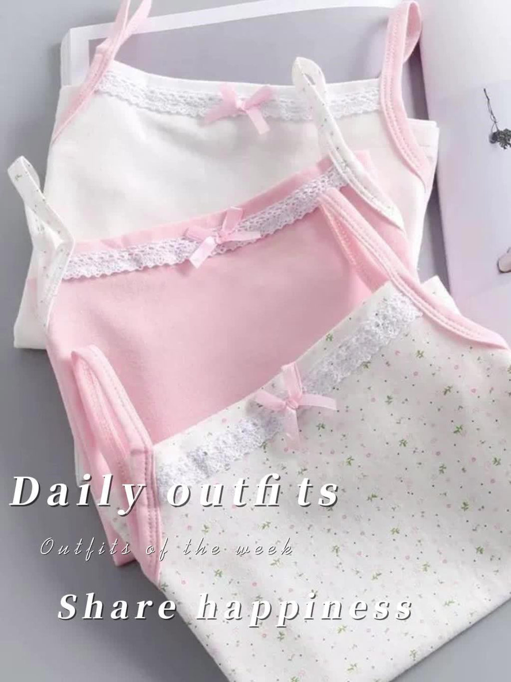 Girls Cotton Blend Camisoles Three-Pack with Lace Trim and Bow Details for Everyday Clothing Layers