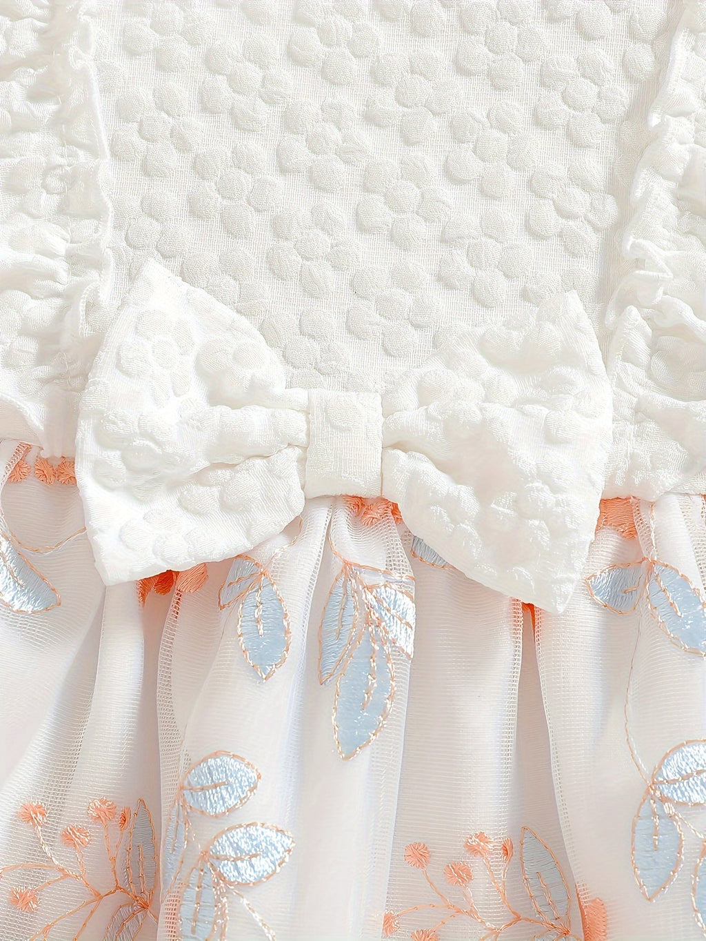 Baby Girl White Party Dress with Textured Bodice and Floral Mesh Skirt Plus a Matching Waist Bow
