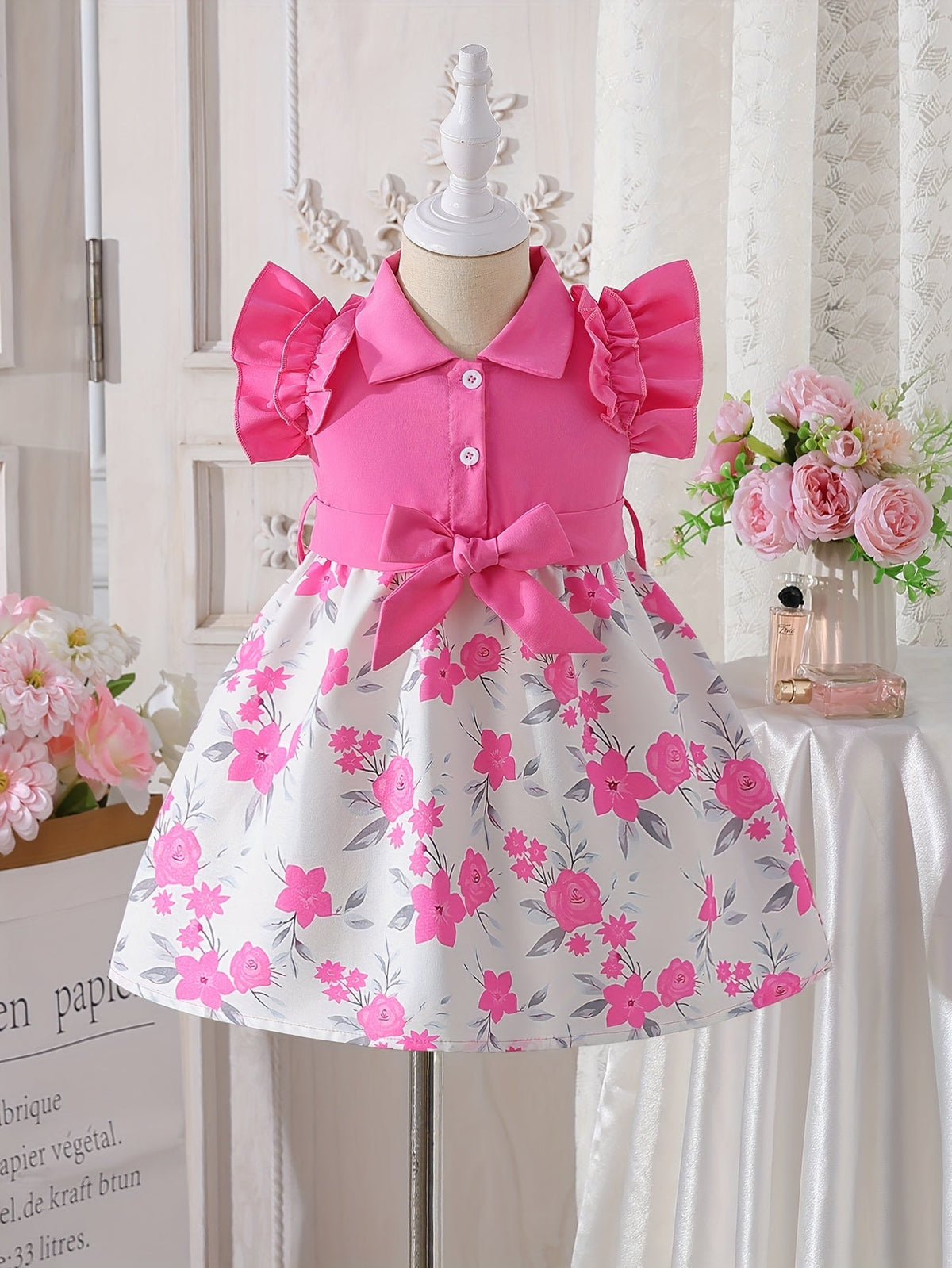 Baby Girl Floral Dress with Ruffled Sleeves and a Waist Bow in Blue or Red for Summer Celebrations