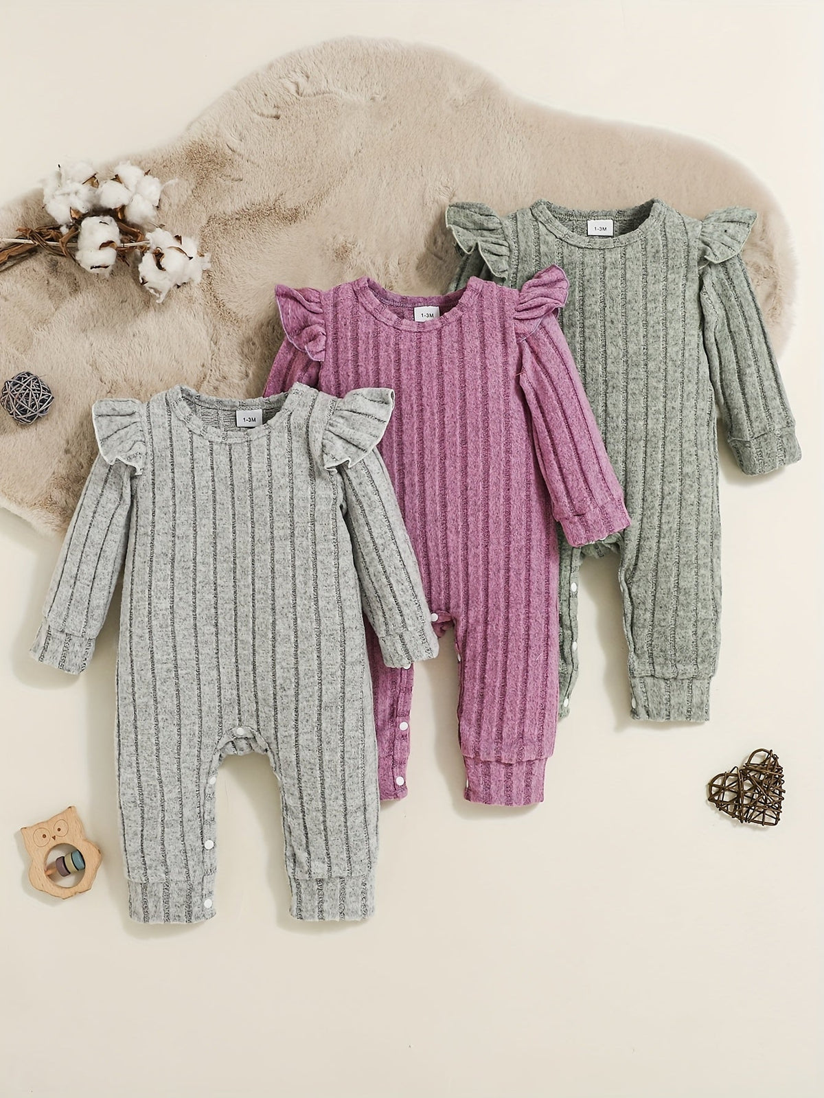 Baby Girls' Ribbed Rompers Three-Pack with Ruffled Shoulders and Long Sleeves for Coordinated Everyday Outfits