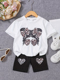 Girls' White Graphic T-Shirt and Black Shorts Set with Leopard Bow Design for Summer Casual Wear