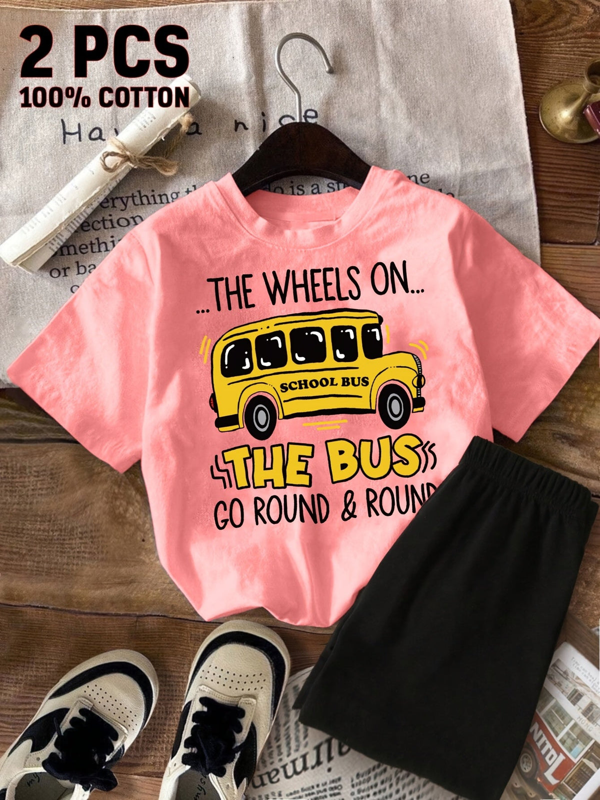 Girls School Bus Graphic T-Shirt and Black Shorts Set with a Round Neck Tee for Summer Casual Outfits