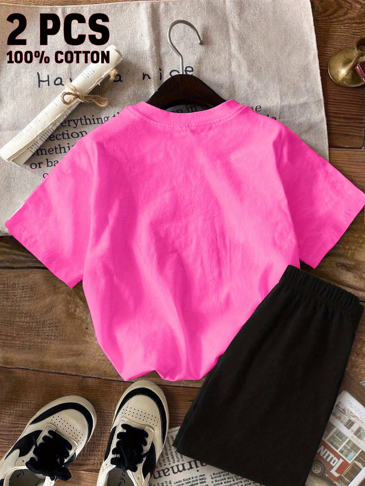 Girls' Cute But Feral Raccoon Cotton T-Shirt and Black Shorts Set in Rose Red for Summer Casual Outfits