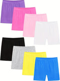 Girls' Bike Shorts Eight Pack in Random Solid Colors with Elastic Waists for Dance and Under Dress Layering