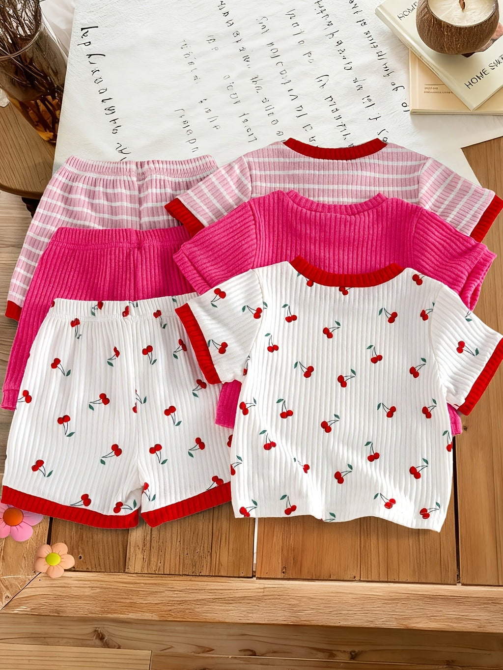 Girls' Cherry Print Top and Shorts Six Piece Set with Striped and Solid Coordinates for Summer Outfits