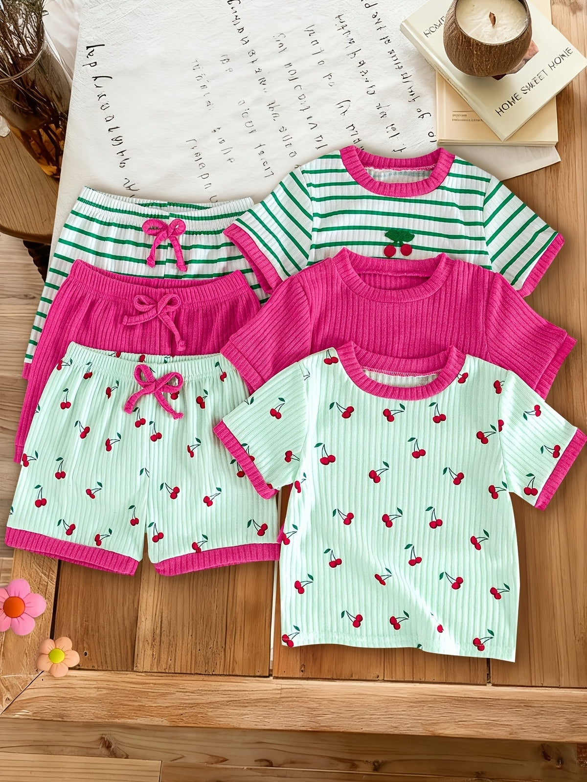 Girls' Cherry Print Top and Shorts Six Piece Set with Striped and Solid Coordinates for Summer Outfits