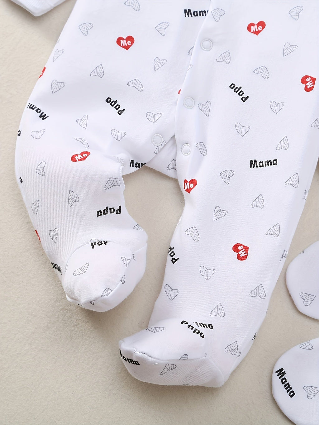 Baby Papa and Mama Heart Outfit Set in White with Coordinating Bodysuits and Footed Pieces for Daily Changes