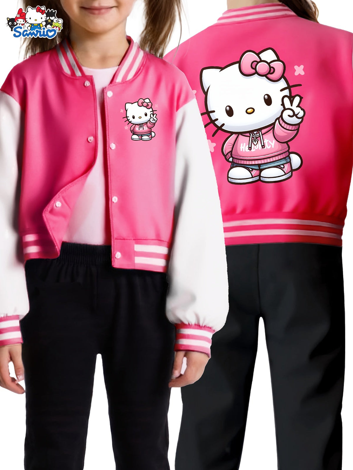 Girls' Hello Kitty Varsity Jacket with Two-Sided Character Graphics and White Contrast Sleeves