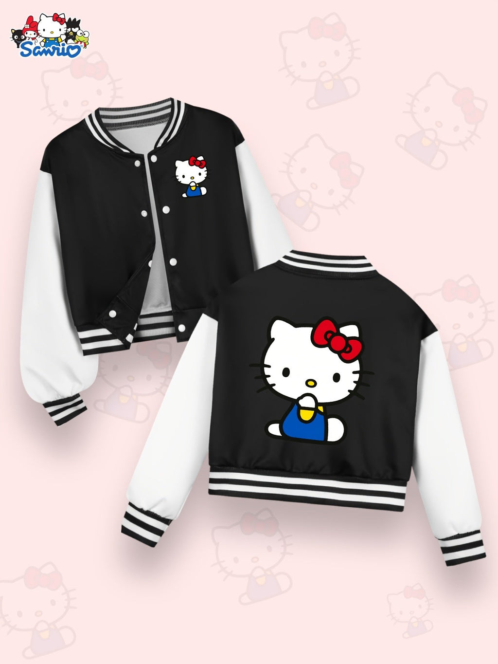 Girls' Hello Kitty Varsity Jacket with Two-Sided Character Graphics and White Contrast Sleeves