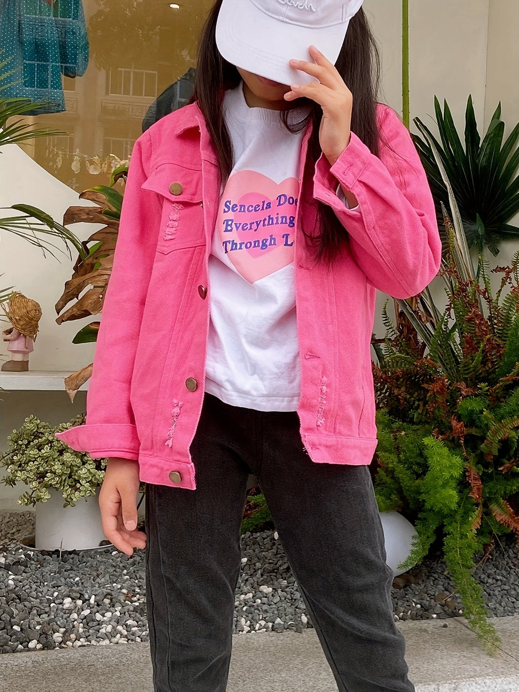Girls' Rose Red Denim Jacket with a Button Front and Chest Pockets for Everyday School Outfit Layers