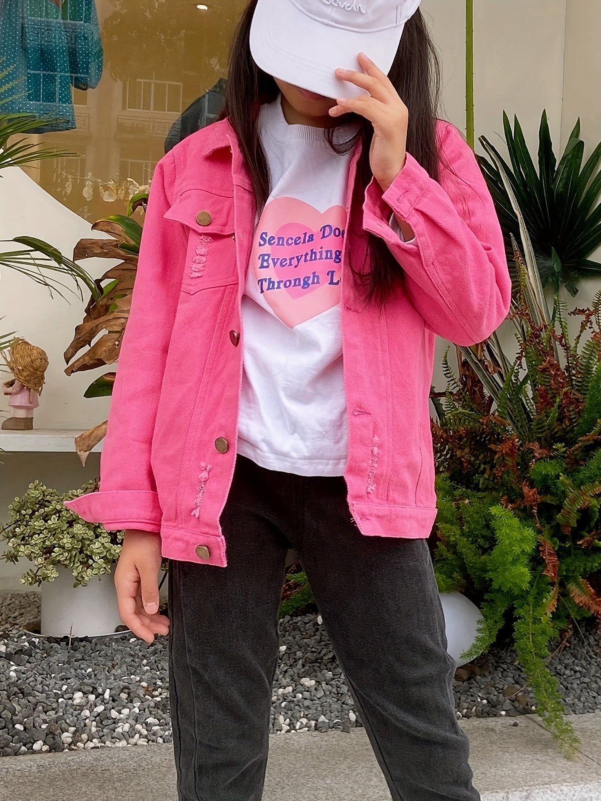 Girls' Rose Red Denim Jacket with a Button Front and Chest Pockets for Everyday School Outfit Layers