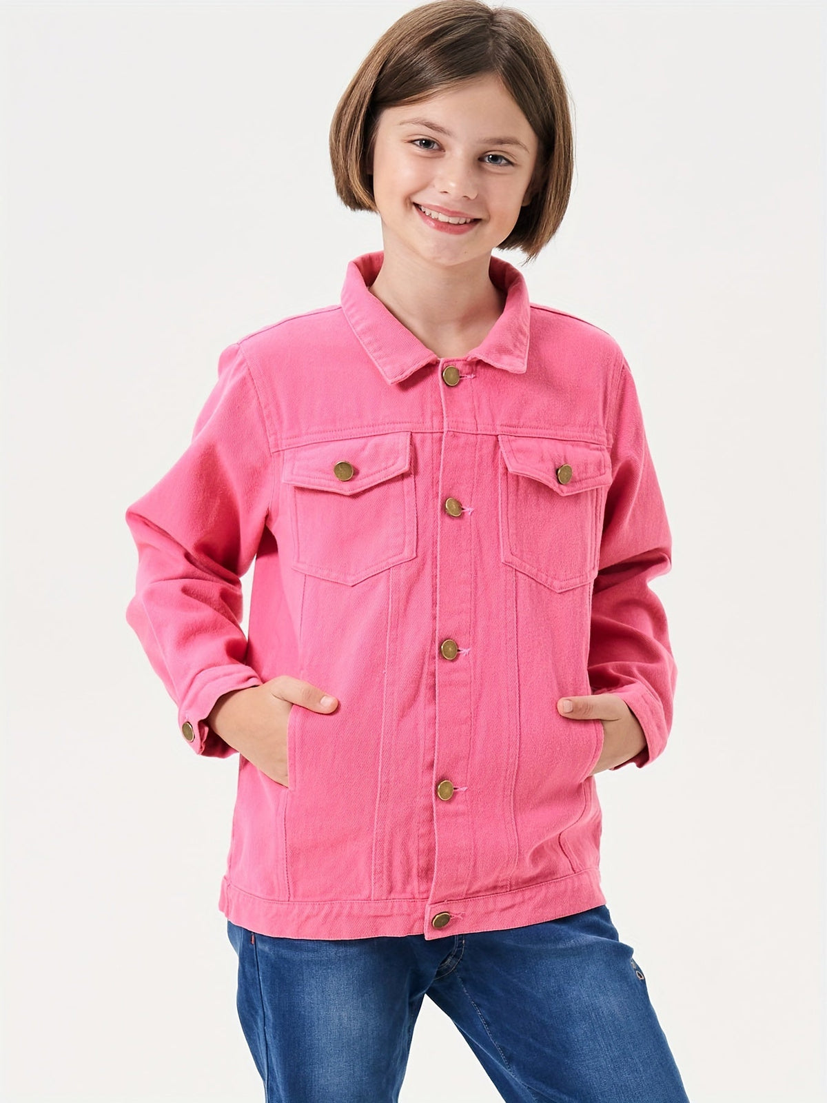 Girls' Rose Red Denim Jacket with a Button Front and Chest Pockets for Everyday School Outfit Layers